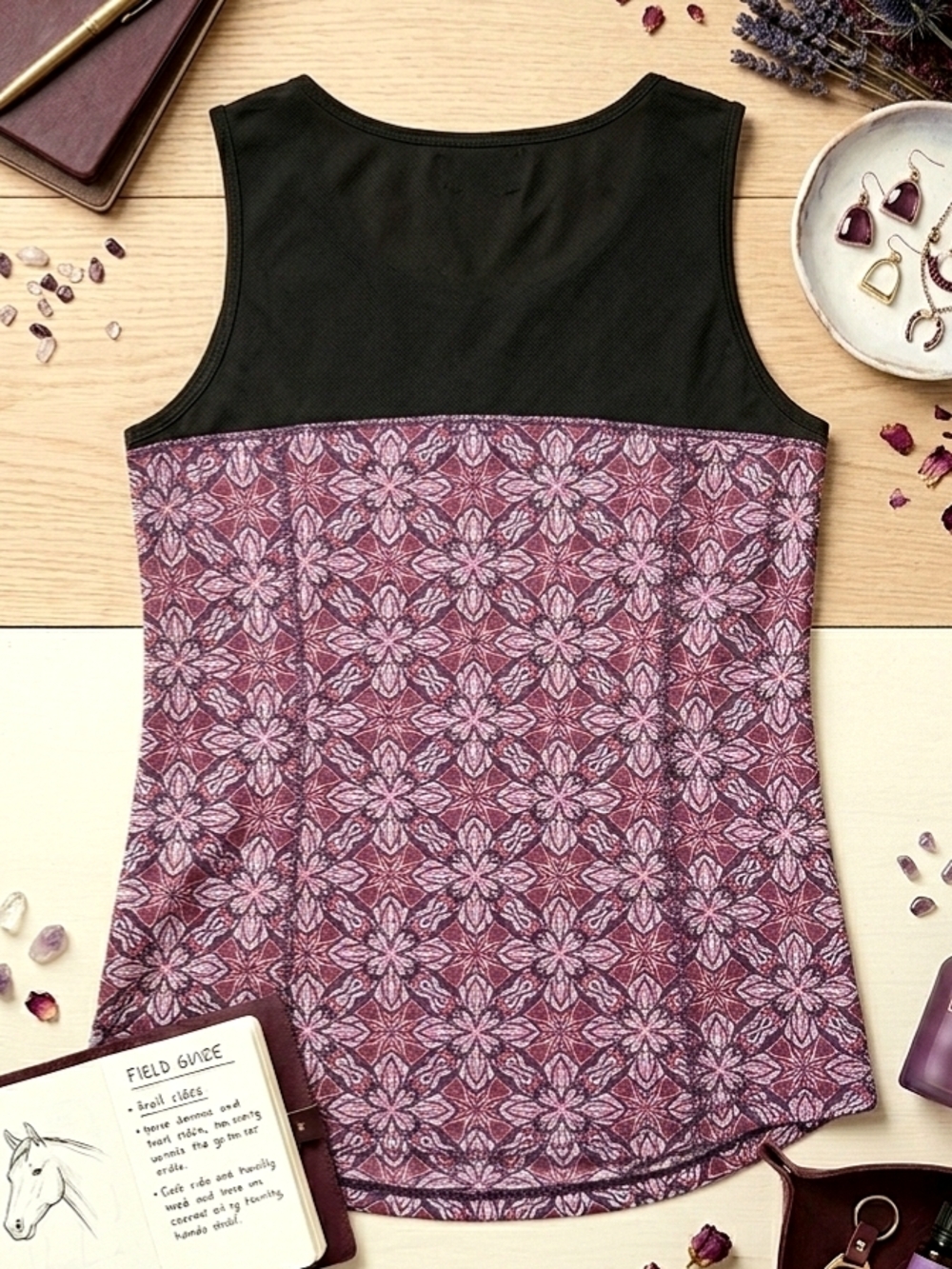 Plum Black Mandala Floral Performance Riding Tank Breathable Mesh, Medium - Picture 2 of 3